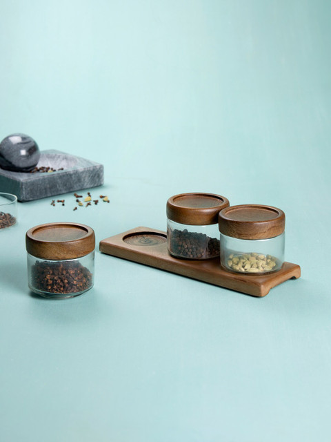 

ellementry Brown & Transparent Set Of 3 Glass Condiments