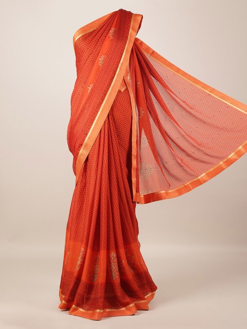

Pothys Orange Printed Poly Georgette Saree