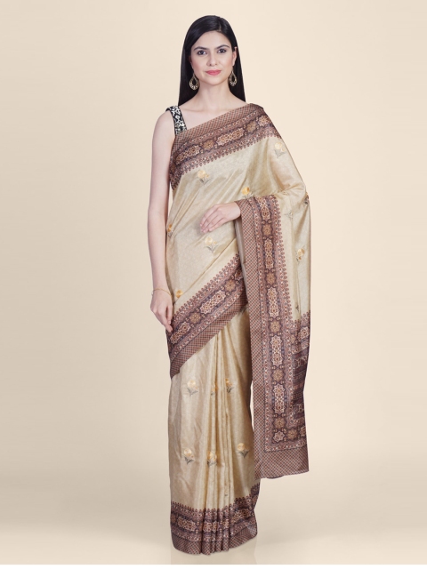 

Kasat Cream-Coloured & Brown Silk Blend Embroidered Tussar Handloom Saree