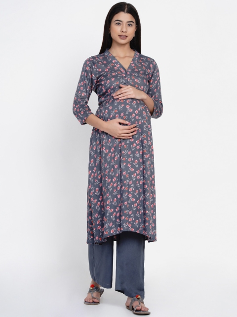 

Mine4Nine Women Grey & Pink Printed Maternity Kurta with Trousers
