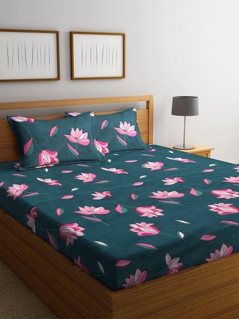 

NEUDIS Green & Pink Floral 180 TC Polycotton 1 King Bedsheet with 2 Pillow Covers