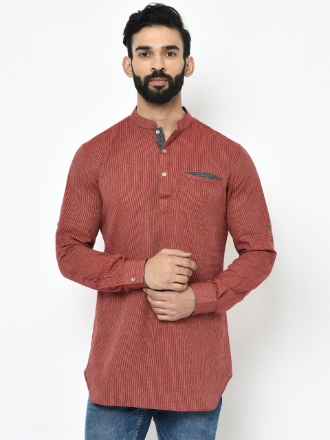 

Vartah Men Maroon Striped Woven Design Handloom Straight Kurta