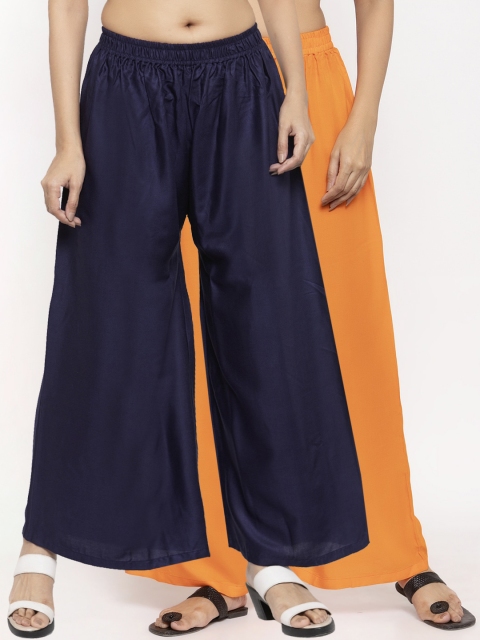 

NEUDIS Women Pack Of 2 Navy Blue & Orange Solid Flared Palazzos