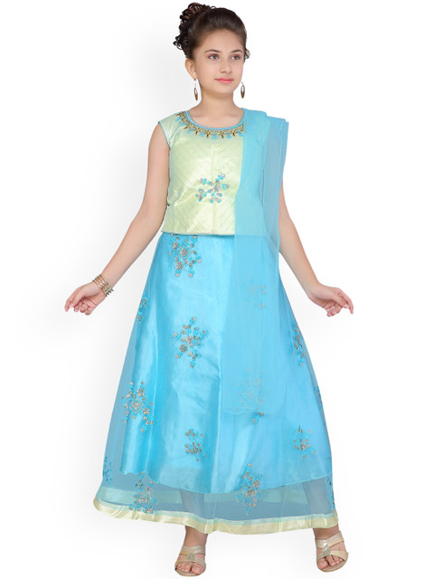 

Aarika Girls Yellow & Blue Embroidered Ready to Wear Lehenga & Blouse with Dupatta