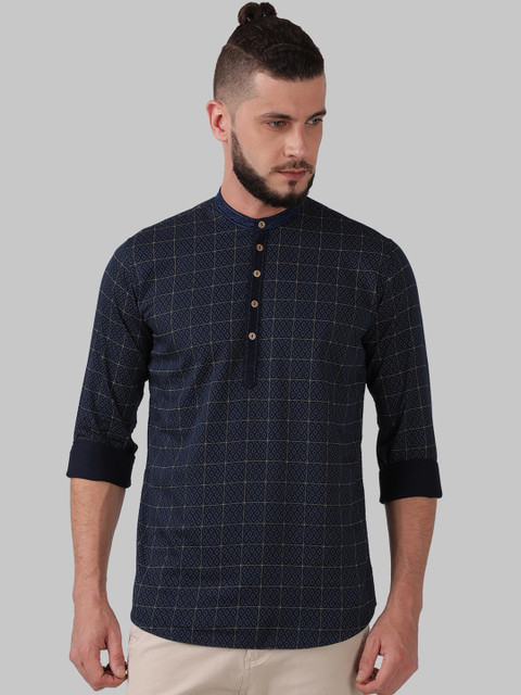 

Ethnix by Raymond Men Navy Blue Checked Straight Kurta