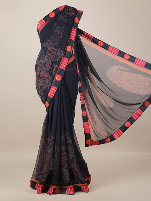 

Pothys Navy Blue & Pink Poly Georgette Printed Saree