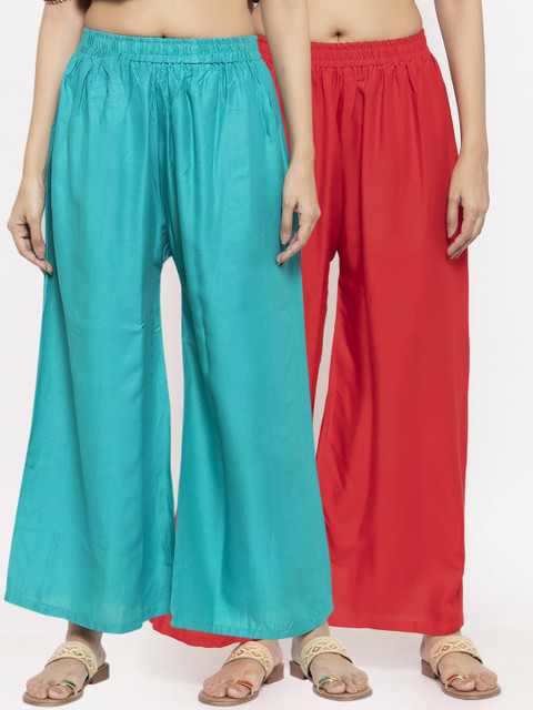 

NEUDIS Women Red & Teal Solid Flared Palazzos