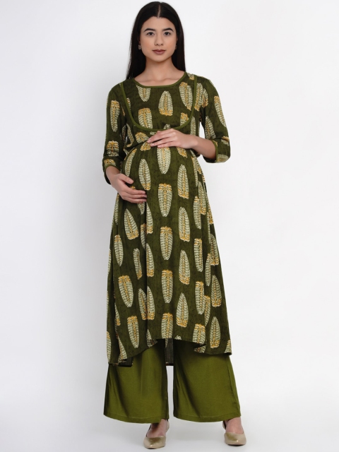 

Mine4Nine Women Olive Green Printed Kurta with Palazzos