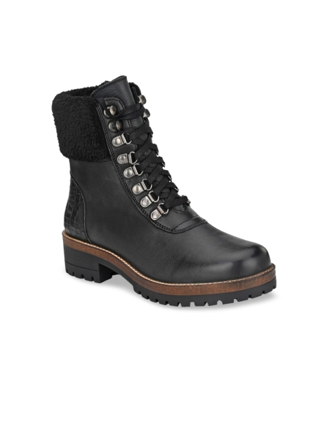 

Delize Women Black Solid Leather High-Top Flat Boots