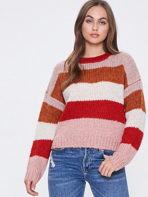 

FOREVER 21 Women Red & Pink Striped Pullover Sweater