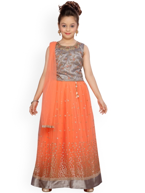 

Aarika Girls Grey & Orange Embroidered Ready to Wear Lehenga & Blouse with Dupatta