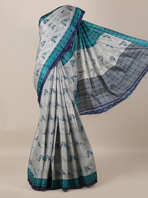 

Pothys Grey & Turquoise Blue Jute Silk Printed Saree