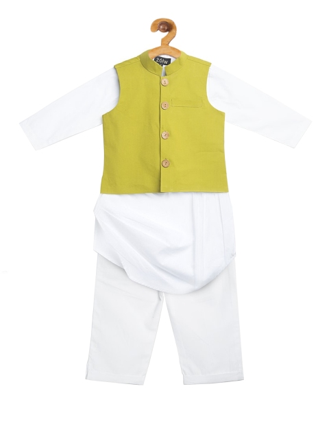 

Zotw Unisex Kids White & Olive Solid Kurta with Pyjamas & Waistcoat