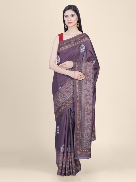 

Kasat Purple & Orange Silk Blend Printed Handloom Tussar Saree