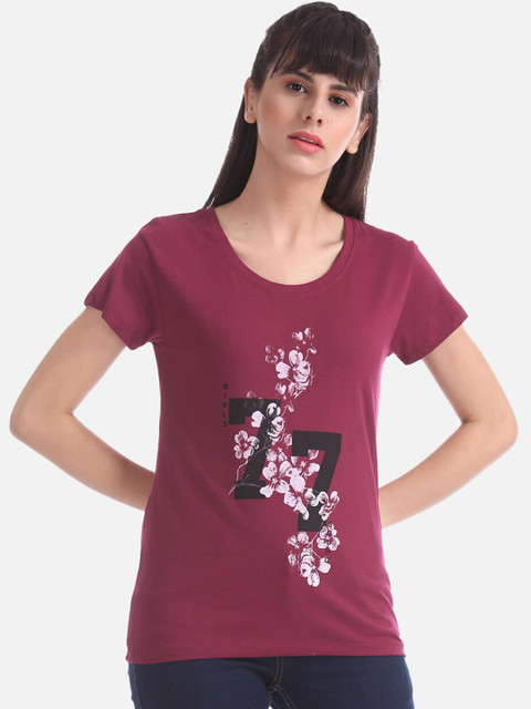 

Sugr Women Burgundy Printed V-Neck T-shirt