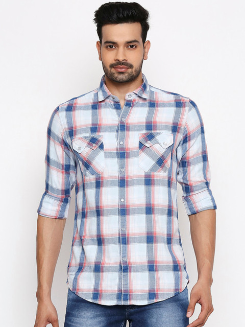 

Lawman pg3 Men White & Blue Slim Fit Checked Cotton Casual Shirt