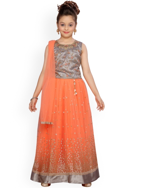 

Aarika Girls Grey & Orange Embroidered Ready to Wear Lehenga & Blouse with Dupatta