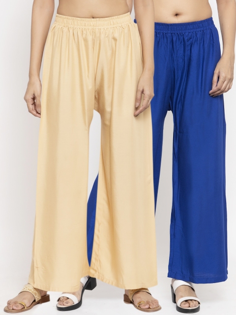 

NEUDIS Women Pack Of 2 Beige & Blue Solid Flared Palazzos