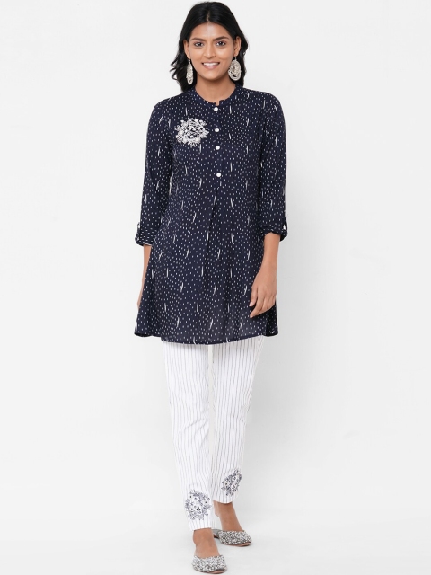

FASHOR Women Blue & White Printed Kurti with Trousers