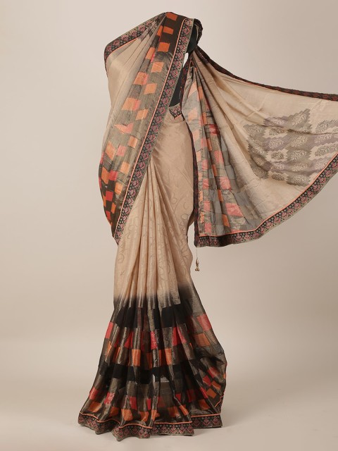 

Pothys Peach-Coloured & Black Poly Georgette Printed Saree