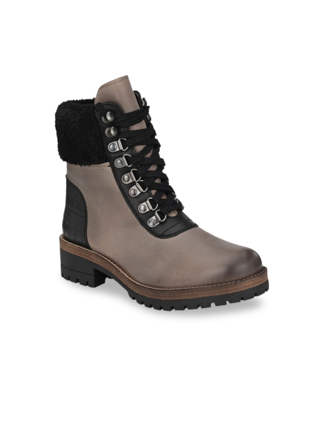 

Delize Women Taupe Colourblocked Leather Mid-Top Flat Boots