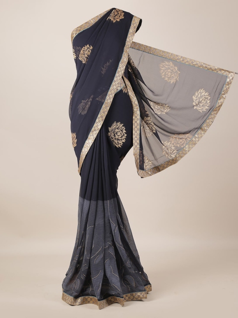 

Pothys Navy Blue & Gold-Toned Poly Georgette Printed Saree