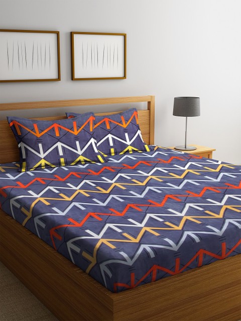 

NEUDIS Blue & Orange Abstract 180 TC Polycotton 1 King Bedsheet with 2 Pillow Covers