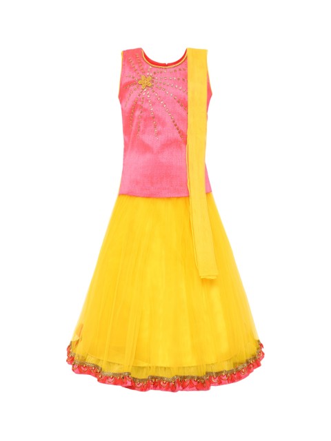 

Aarika Girls Pink & Yellow Embellished Ready to Wear Lehenga & Blouse with Dupatta