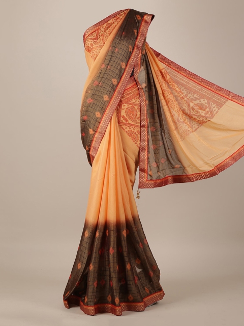 

Pothys Peach-Coloured & Olive Green Poly Georgette Printed Saree