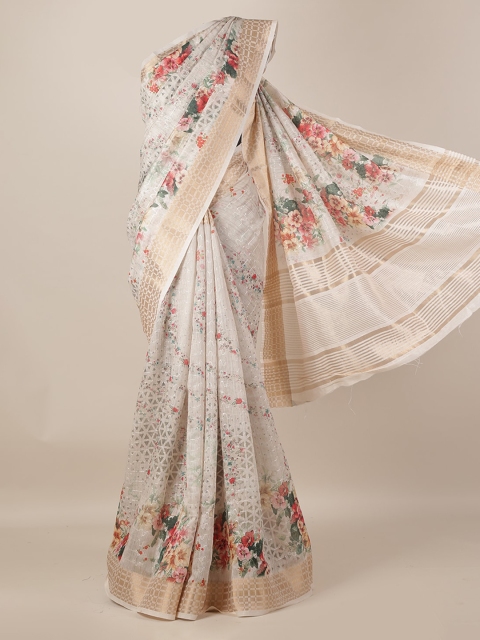 

Pothys Cream-Coloured & Orange Jute Silk Floral Printed Saree