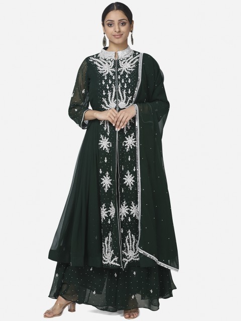

BOMBAY SELECTIONS Women Green Embroidered Kurti with Churidar & Dupatta