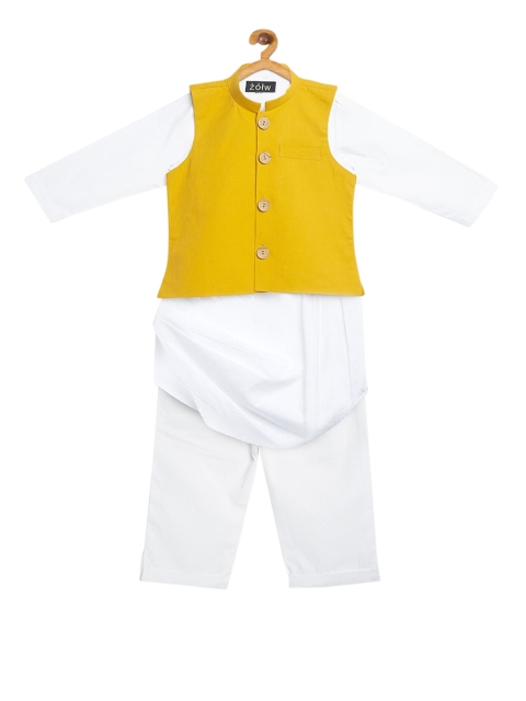 

Zotw Unisex Kids White & Yellow Solid Kurta with Pyjamas & Waistcoat