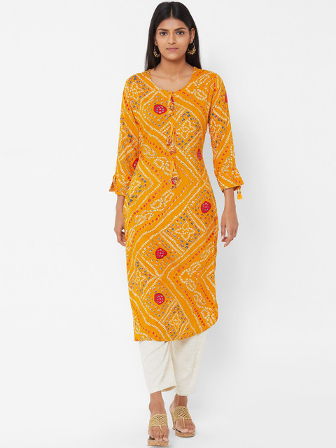 

FASHOR Women Mustard Self Design Kurti with Pyjamas
