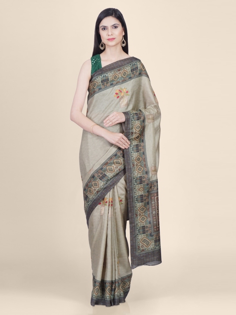 

Kasat Taupe & Black Silk Blend Printed Handloom Tussar Saree