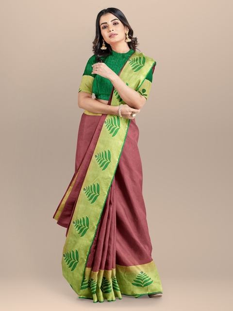BharatSthali Maroon Solid Silk Cotton Handloom Sustainable Saree