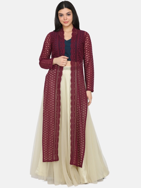

Ojjasvi Women Burgundy Lace Lightweight Open Front Ethnic Jacket