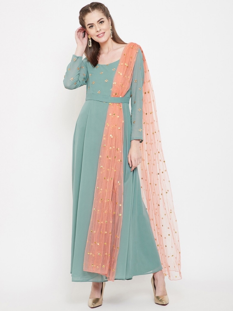 

PANIT Women Green & Orange Embellished A-Line Kurta