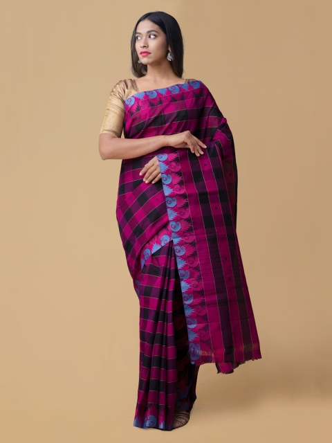 

Unnati Silks Pink & Blue Pure Cotton Checked Saree