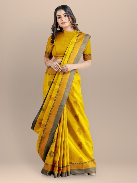 

BharatSthali Yellow & Black Silk Cotton Woven Design Handloom Kovai Saree