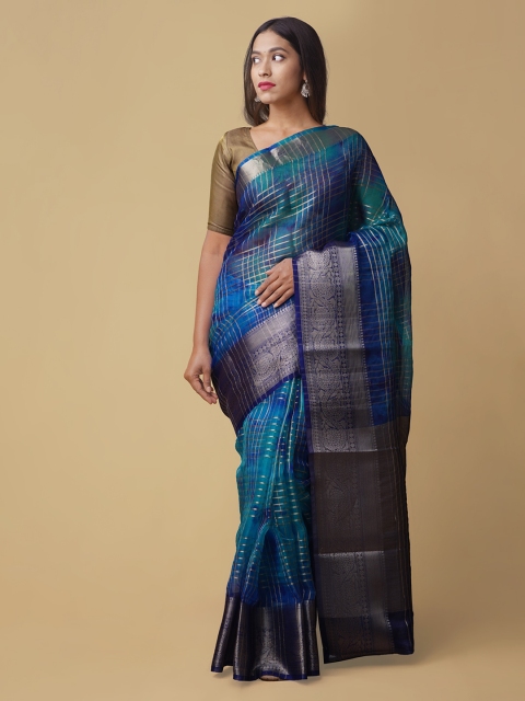 

Unnati Silks Blue & Beige Silk Cotton Checked Banarasi Saree