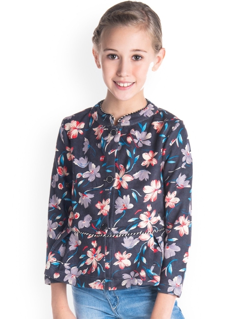 

Cherry Crumble Girls Navy Blue Floral Printed Princess Coat