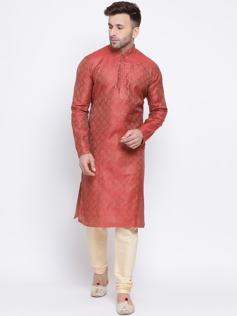 

NAMASKAR Men Red & Gold-Toned Self Design Kurta with Churidar