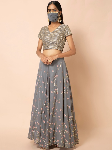 

INDYA Women Grey & Gold-Coloured Mirror Lace Embellished Pleated Cloth Mask