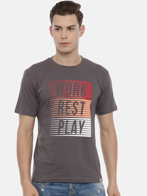 

Joven Men Charcoal Grey & Red Printed Round Neck T-shirt