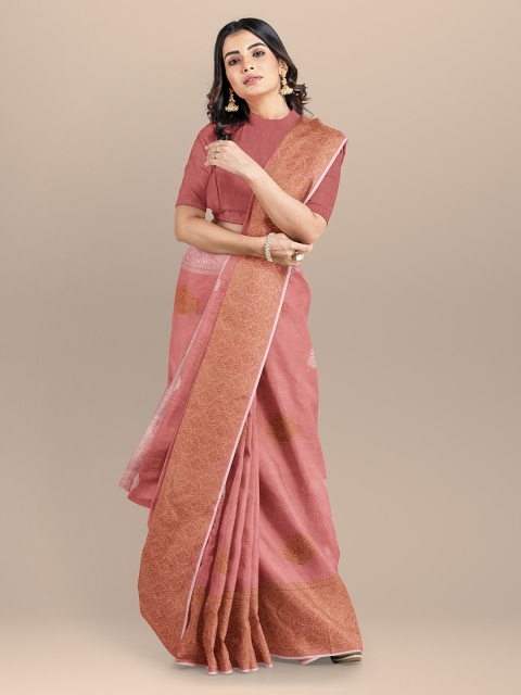 BharatSthali Pink & Gold-Coloured Silk Cotton Striped Banarasi Saree