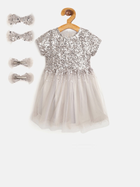 

Cherry Crumble Girls Grey Embellished Fit and Flare Dress With Set Of 2 Bow Clips