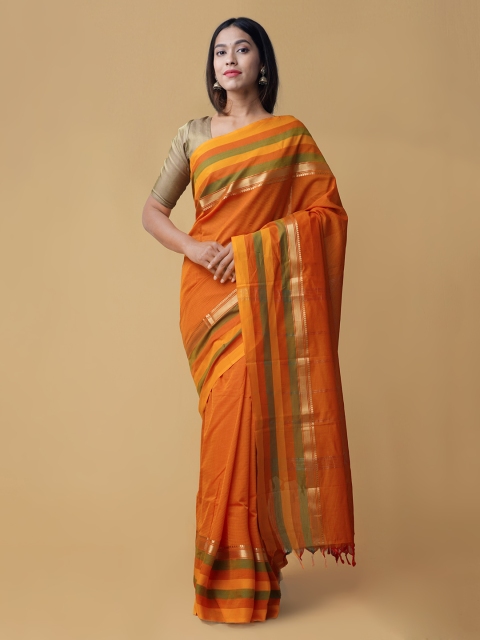 

Unnati Silks Orange & Green Pure Cotton Solid Pavni Saree