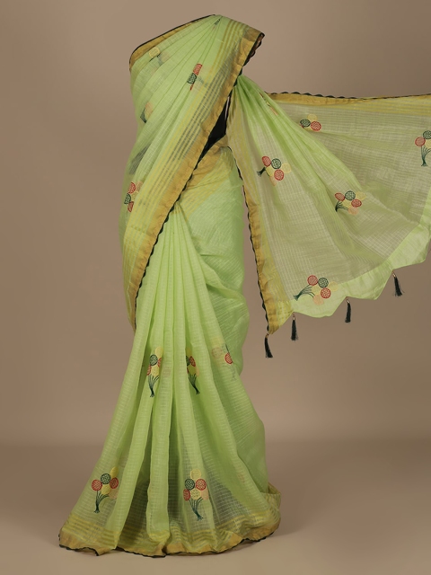 

Pothys Green Embroidered Linen Blend Saree