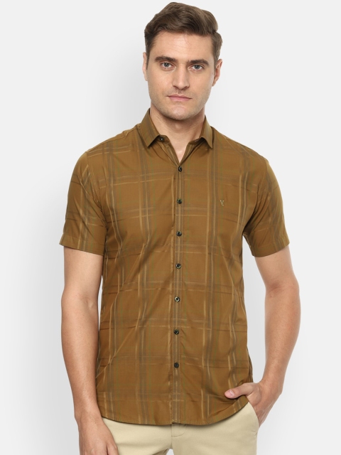 V Dot Men Khaki Slim Fit Checked Casual Shirt