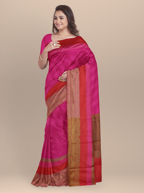 

BharatSthali Pink & Red Silk Cotton Solid Maheshwari Saree